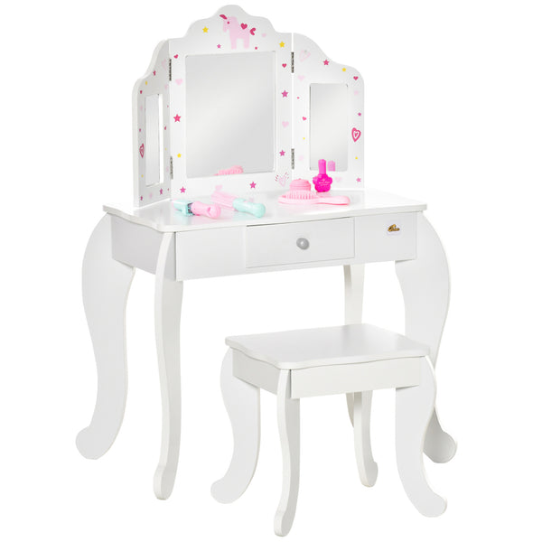 Ensemble coiffeuse avec miroirs pliables, tiroir à motifs étoiles et cœurs, blanc