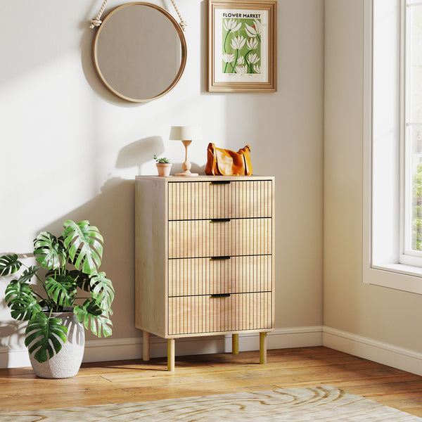 Chest of drawers with 4 drawers, fluted panels and solid wood legs, oak color