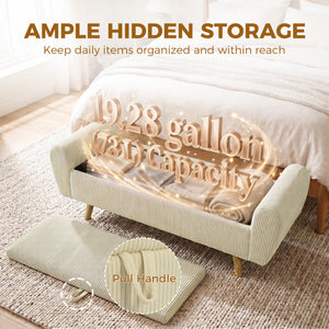 Banc de rangement 59 po en velours côtelé, beige