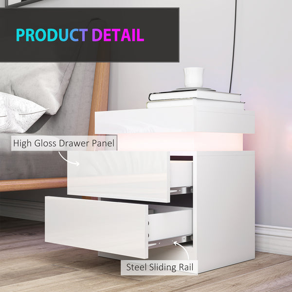 Ensemble de 2 tables de chevet avec éclairage DEL RGB, contrôle Bluetooth et 2 tiroirs – Blanc