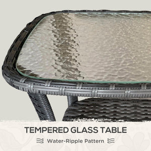 Outdoor Coffee Table with Storage Shelf, Hand-Woven Wicker Side Table with Water-Ripple Glass Top, Mix Grey