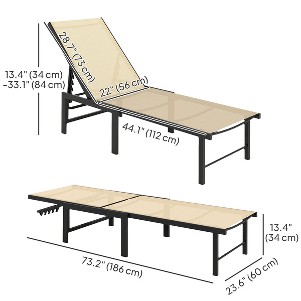 Outdoor Lounge Chair Set of 2, 5-Position Reclining Outdoor Chaise Lounge Tanning Chair with Mesh Seat, Khaki