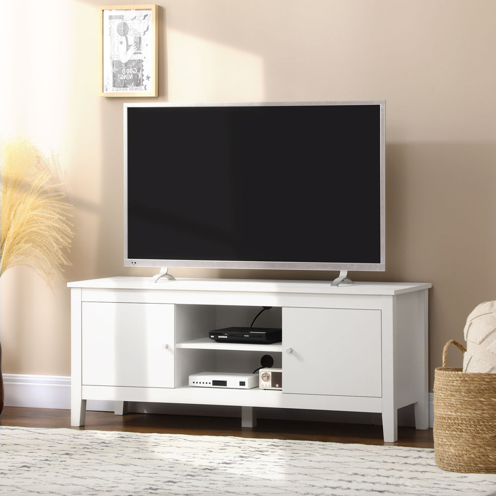Meuble TV moderne pour téléviseurs jusqu'à 55 pouces avec placards et étagères, blanc