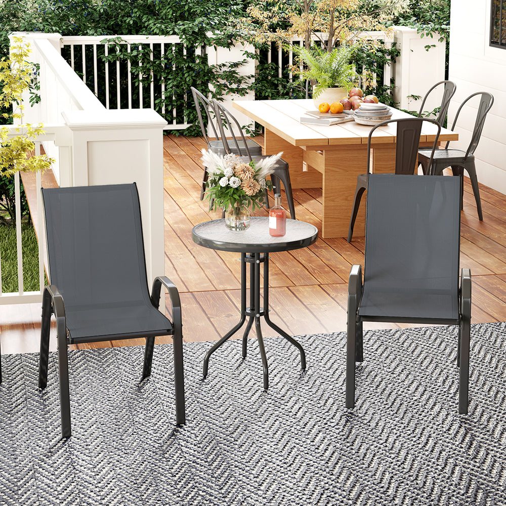 Ensemble bistro 3 pièces avec chaises empilables en maille, table en verre pour jardin, balcon, gris foncé