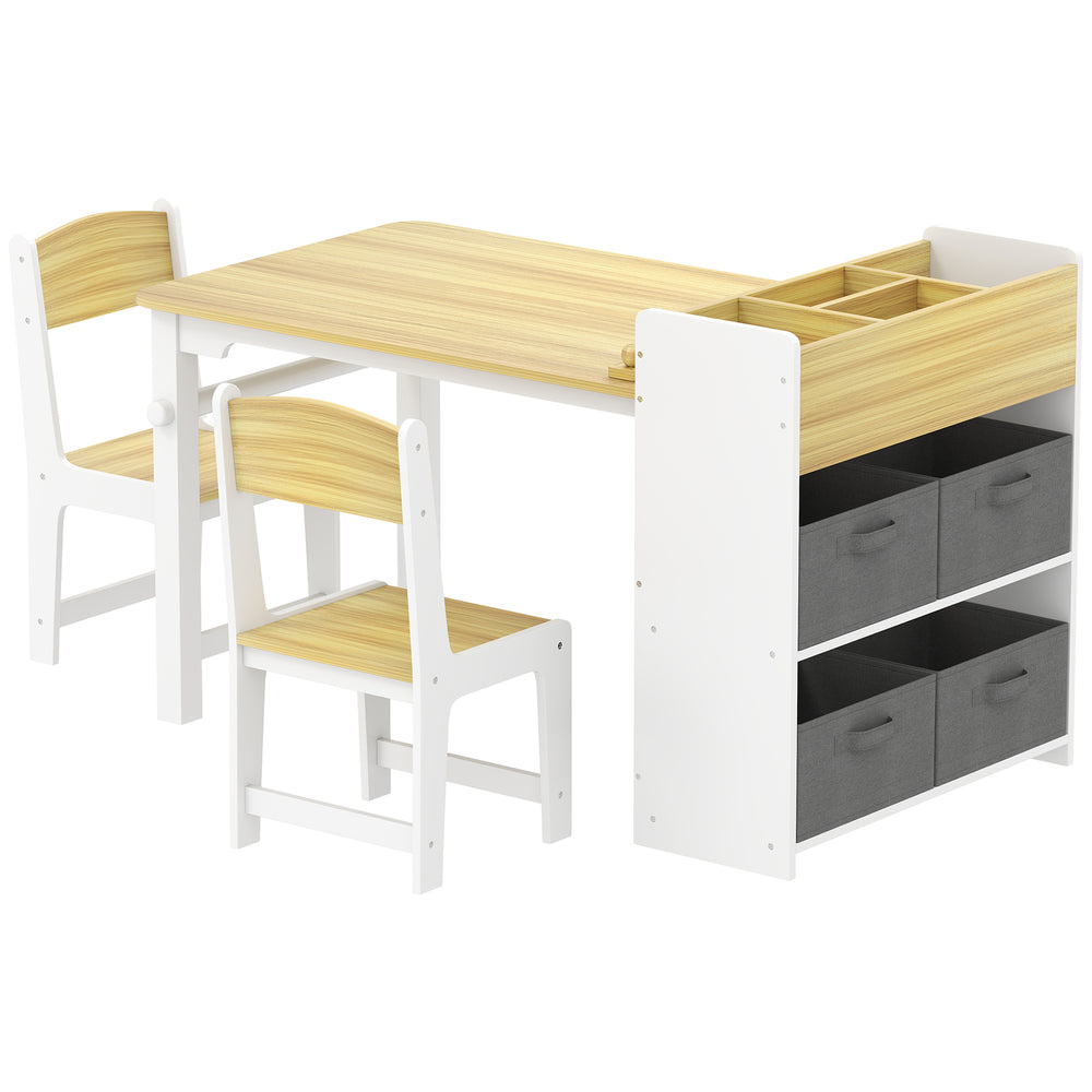 Toddler Table and Chairs with Paper Roll, Storage Shelves and Drawers, Natural Wood