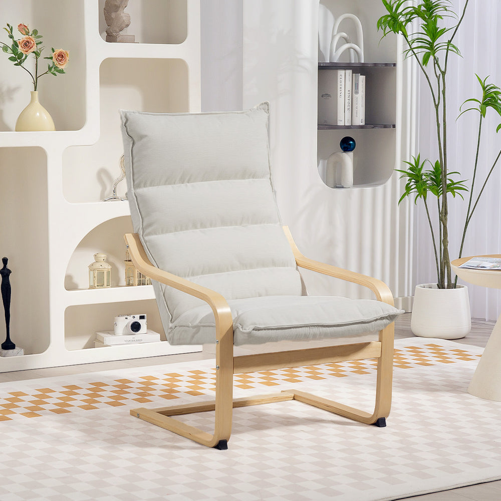 Fauteuil d'appoint en tissu et bois de bouleau avec pieds et accoudoirs incurvés, blanc crème