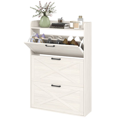 Meuble de rangement à chaussures de style ferme avec 3 tiroirs rabattables et étagères réglables, chêne blanc