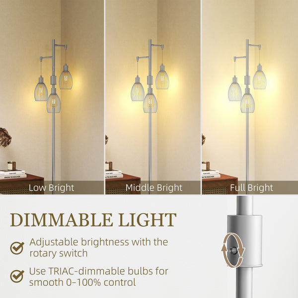 Lampadaire industriel avec 3 abat-jour suspendus, argent