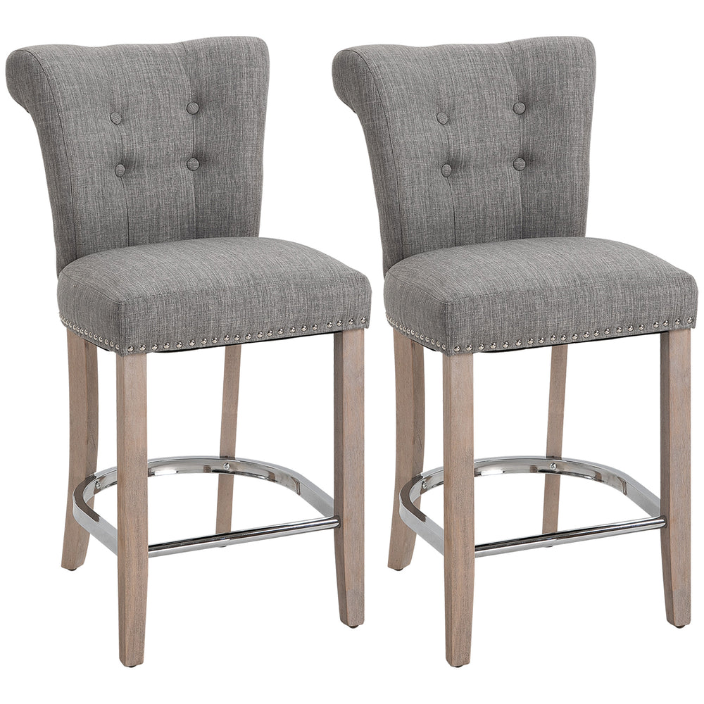 Lot de 2 tabourets de bar rembourrés, hauteur comptoir, avec dossier capitonné, pieds et repose-pieds en bois, gris