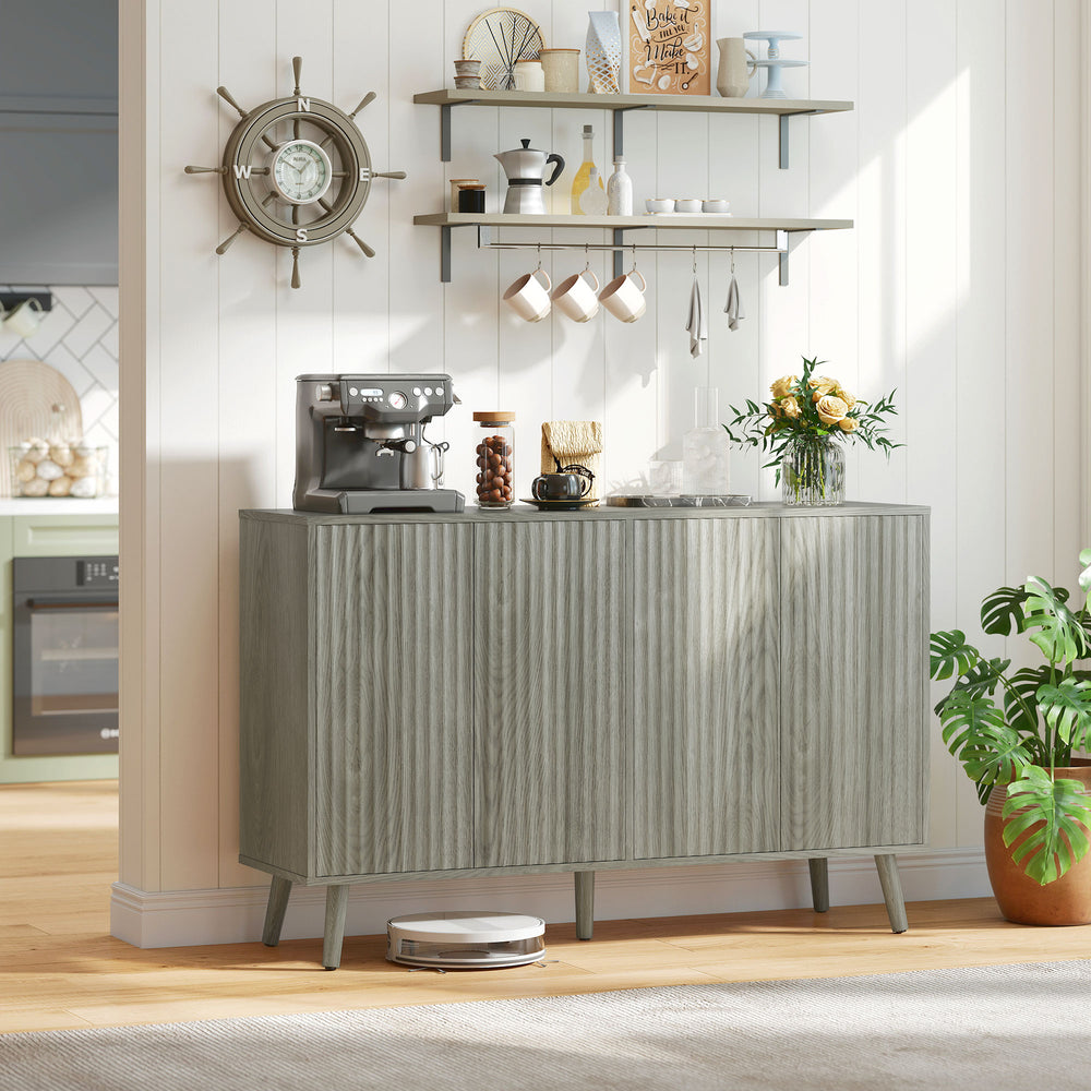 Buffet avec rangement moderne à caissons cannelés et étagères réglables, gris clair