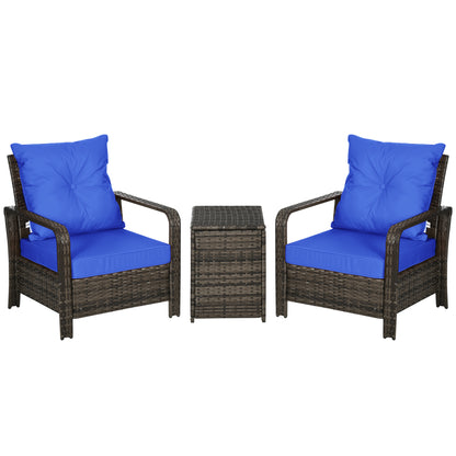Outsunny 3 Piece Wicker Garden Furniture Set, Rattan Bistro Set with Storage Coffee Table and Thick Cushions, Outdoor Conversation Set for Garden, Porch, Balcony, Blue