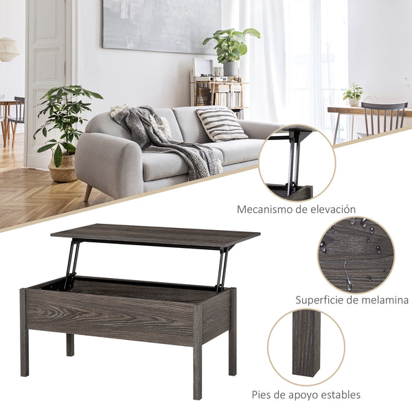 Table basse moderne avec plateau relevable et compartiment de rangement dissimulé, gris