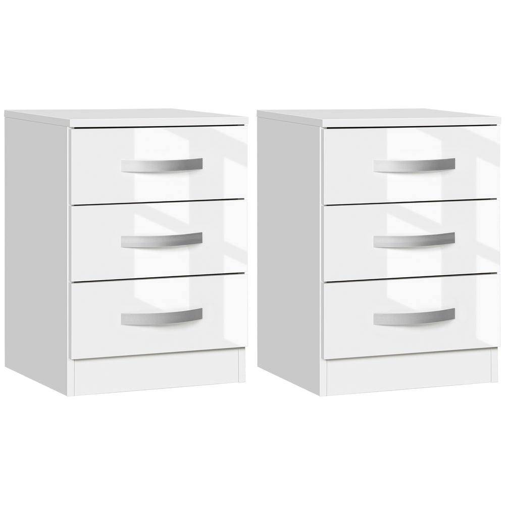 Ensemble de 2 tables de chevet modernes avec 3 tiroirs brillants, blanc