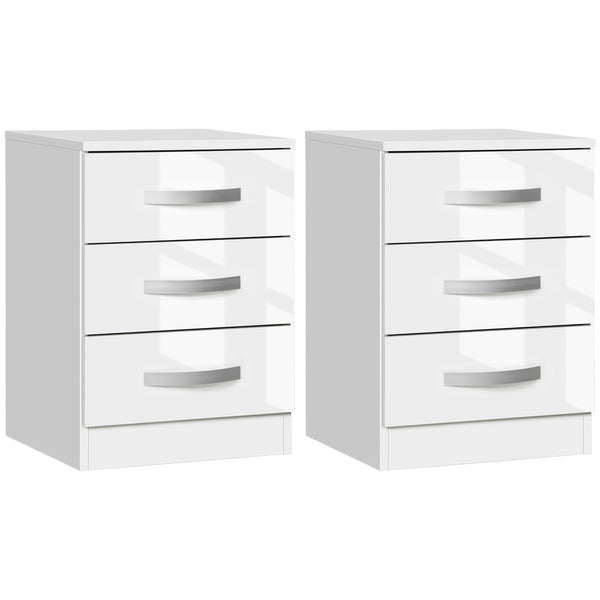 Ensemble de 2 tables de chevet modernes avec 3 tiroirs brillants, blanc