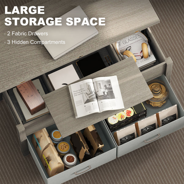 Table basse relevable et extensible avec prises électriques, ports USB et 5 espaces de rangement – Gris foncé