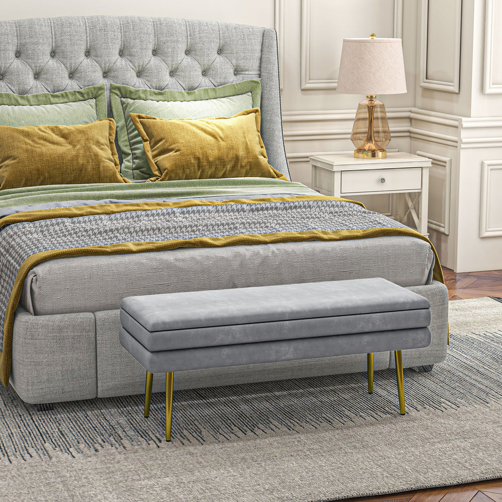 Pouf de rangement en velours avec pieds en acier, gris
