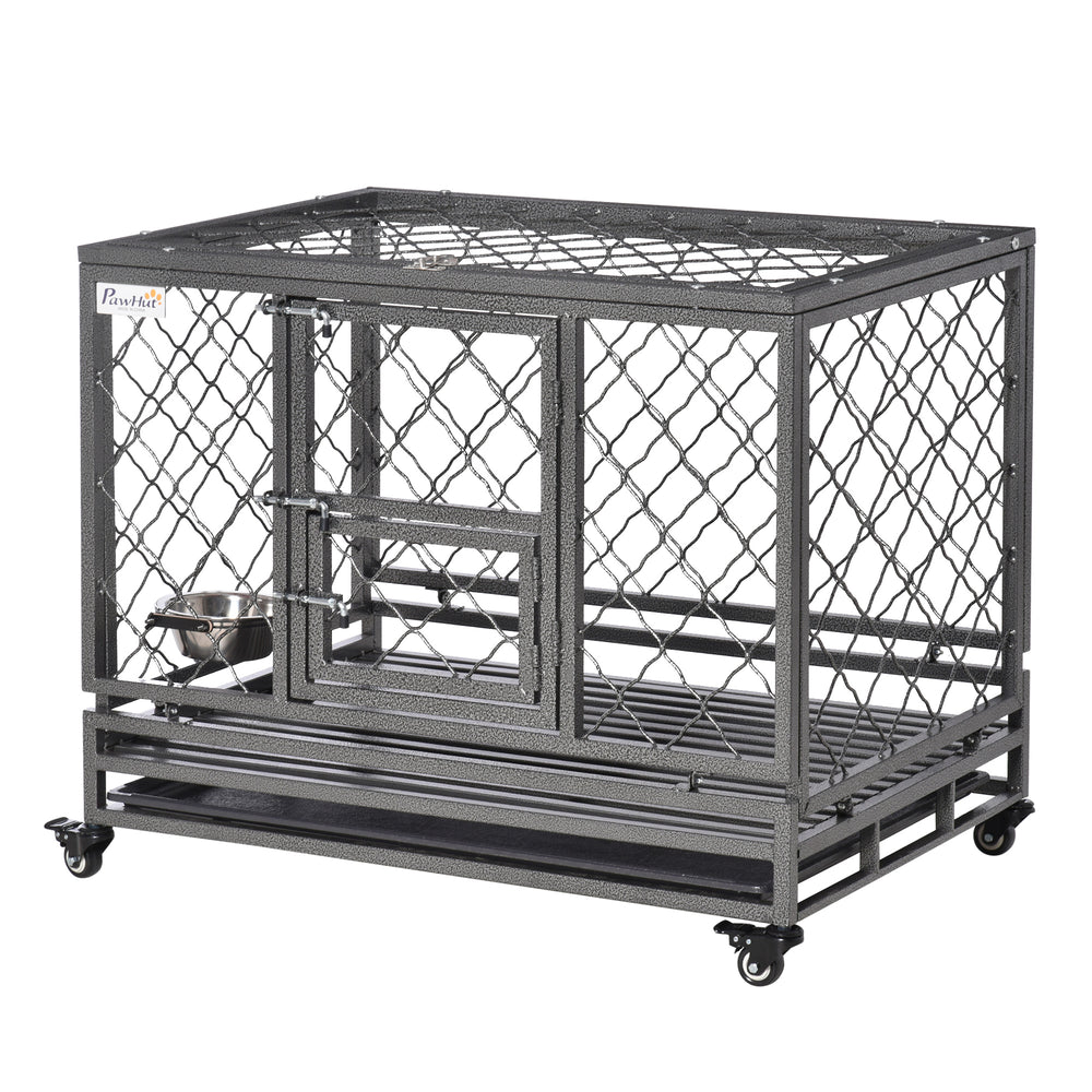 Robust cage with wheels, opening lid, removable tray and bowl