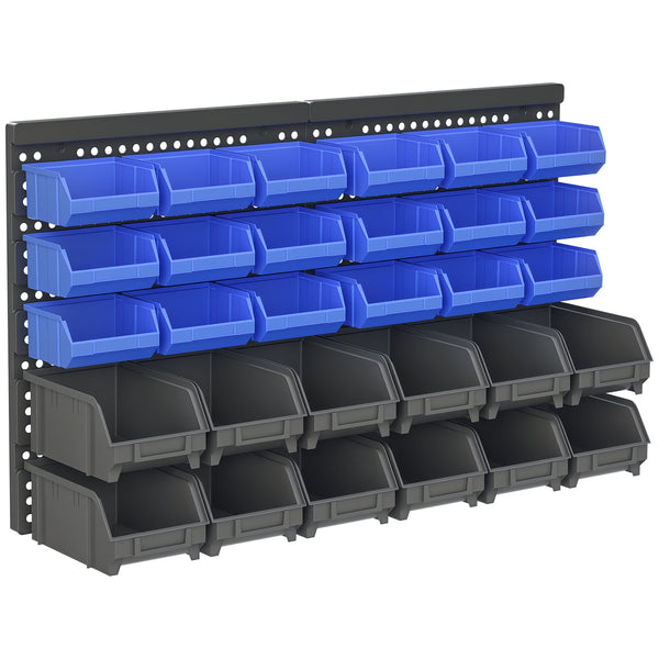 Wall organizer with 30 storage bins and pegboard for garage/workshop (blue)