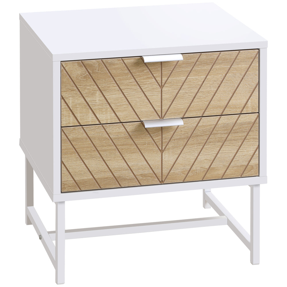 Table de chevet moderne avec 2 tiroirs et structure en acier, blanc et chêne