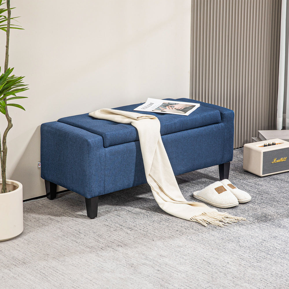 Banc ottoman de rangement rembourré en lin avec motif capitonné, bleu foncé