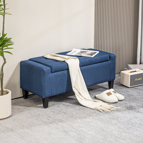 Banc ottoman de rangement rembourré en lin avec motif capitonné, bleu foncé