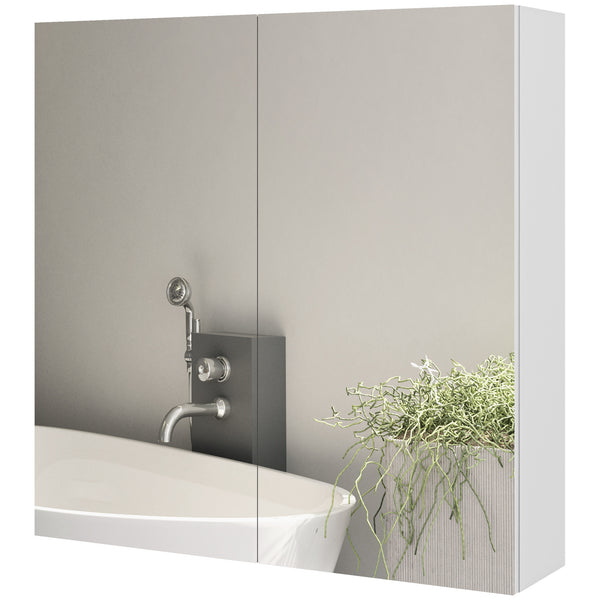 Armoire à pharmacie murale avec portes miroir, étagères réglables et mécanisme de fermeture amortie, blanc brillant