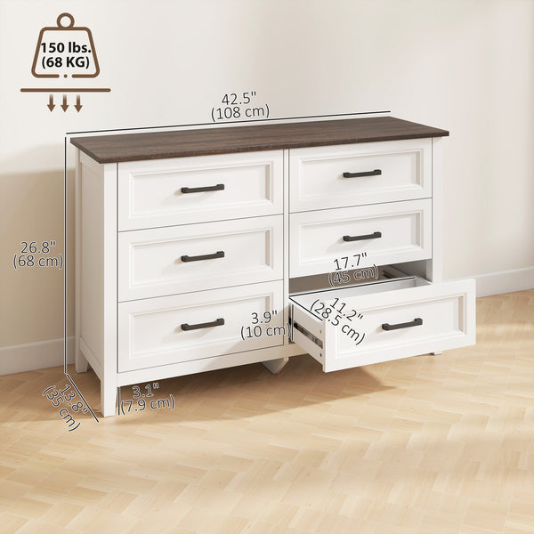 Commode large avec 6 tiroirs, commode de rangement, blanc