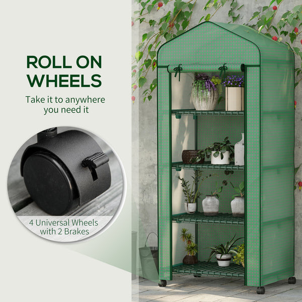 Portable greenhouse with 4 shelves, PE cover, green
