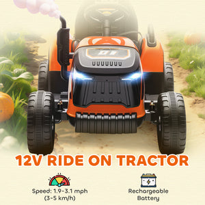 Tracteur 12 V orange avec remorque, télécommande, musique, lumières