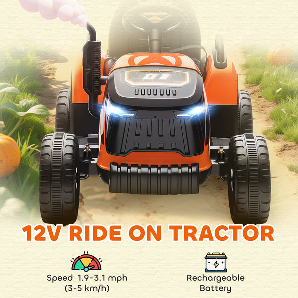 Tracteur 12 V orange avec remorque, télécommande, musique, lumières