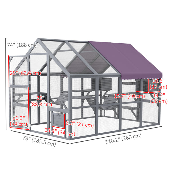 Very large outdoor wooden enclosure with weatherproof canopy