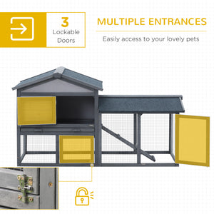 Wood Rabbit Hutch Backyard Bunny Cage Small Animal House Asphalt Roof w/ Ramp and Outdoor Run Dark Grey