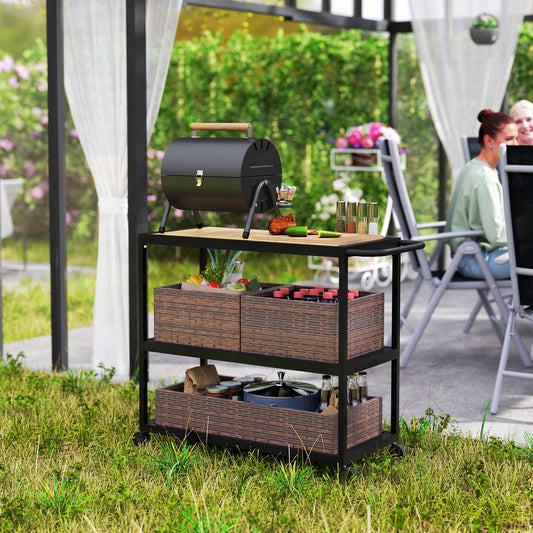 Outsunny Outdoor Bar Cart with Side Handle, 3 Tier Rolling Cart with Removable Rattan Basket, Mixed Brown