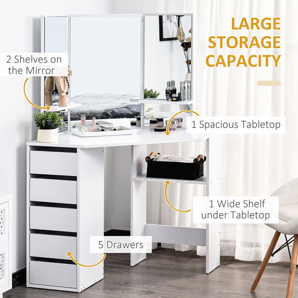 Coiffeuse d'angle avec miroir 3 pièces et 5 tiroirs, blanc
