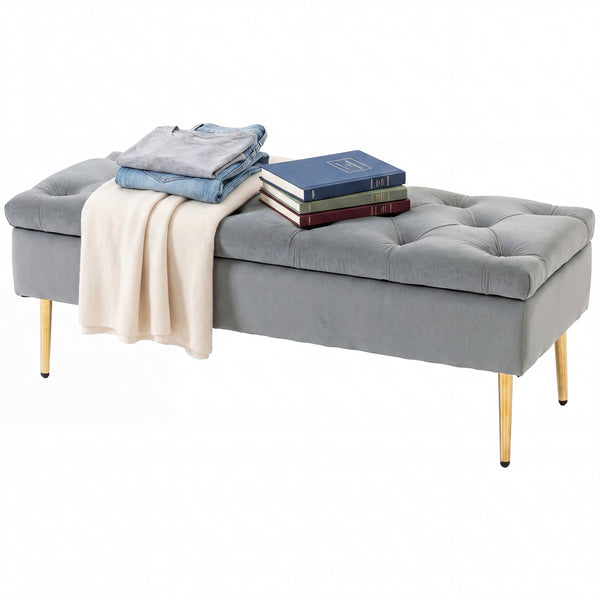 Banc ottoman avec rangement, assise capitonnée en velours et pieds dorés – Gris et doré