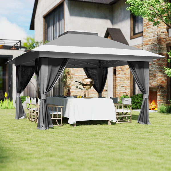 Gazebo 11,7' x 11,7' avec filet, abri solaire instantané UPF50+ avec sac de transport à roulettes et sacs de sable