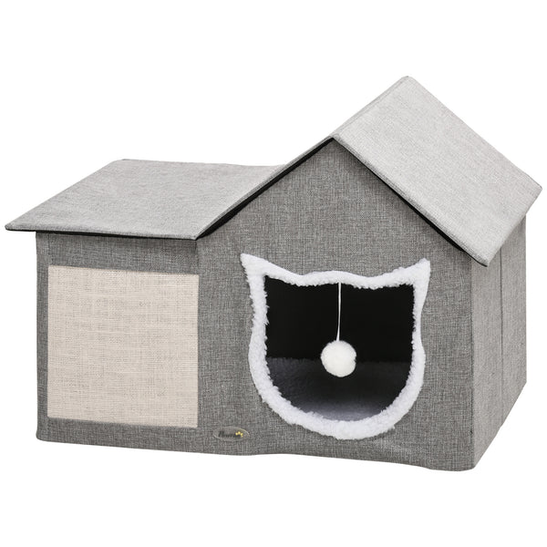 Maison pour chat avec coussin moelleux, griffoir, balle suspendue et double entrée, gris.