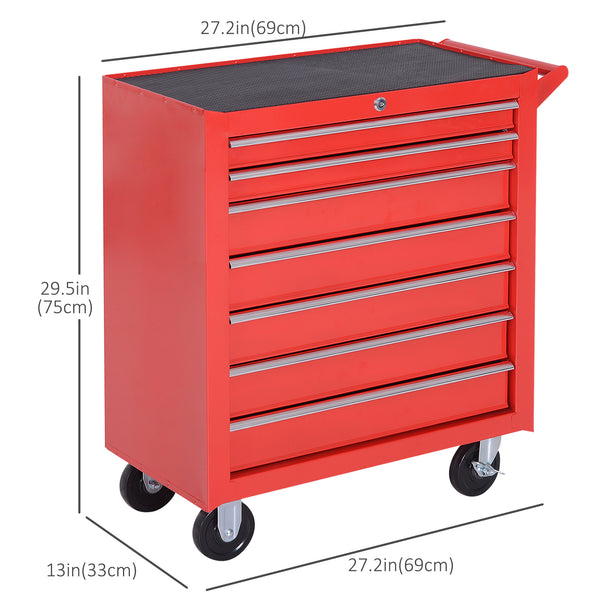 Mobile tool chest with 7 lockable drawers and handle, red.