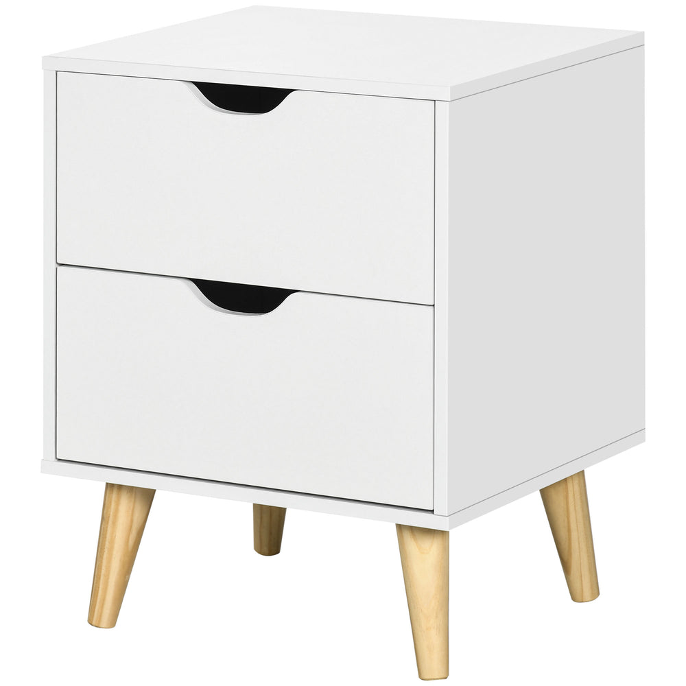 Table de chevet moderne avec 2 tiroirs et pieds en pin, blanche