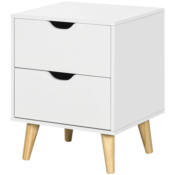 Table de chevet moderne avec 2 tiroirs et pieds en pin, blanche