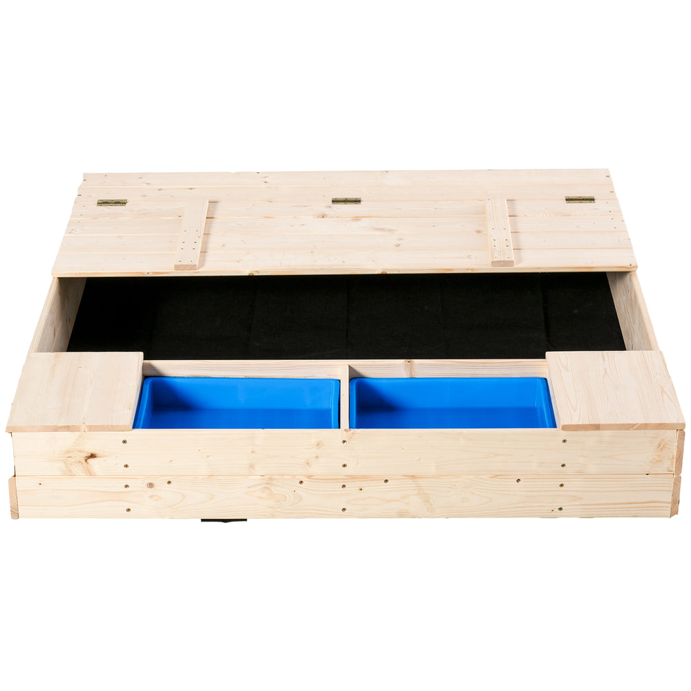 Bac à sable en bois pour enfants avec banquette pliable, 2 bacs en plastique et revêtement de fond.