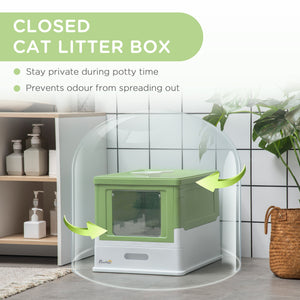 Enclosed litter box with scoop and tray, green