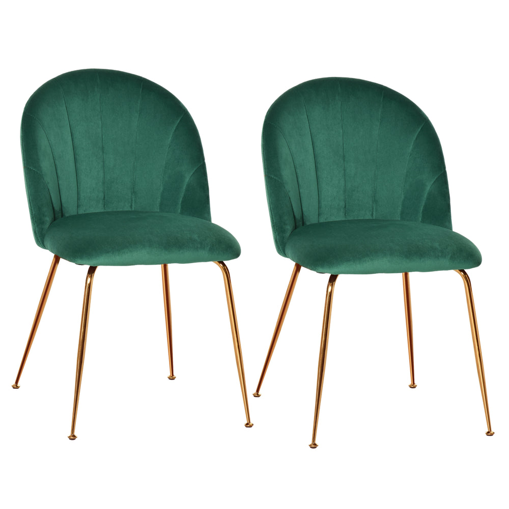 Set of 2 upholstered chairs with gold metal legs, green 