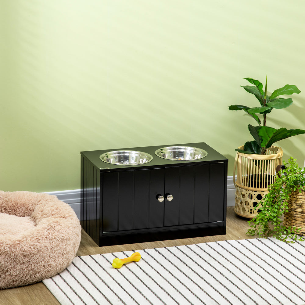 PawHut Raised Dog Bowls for Large Dogs, with Stand, Storage, 2 Stainless Steel Bowls, Black, 60 x 30 x 35 cm