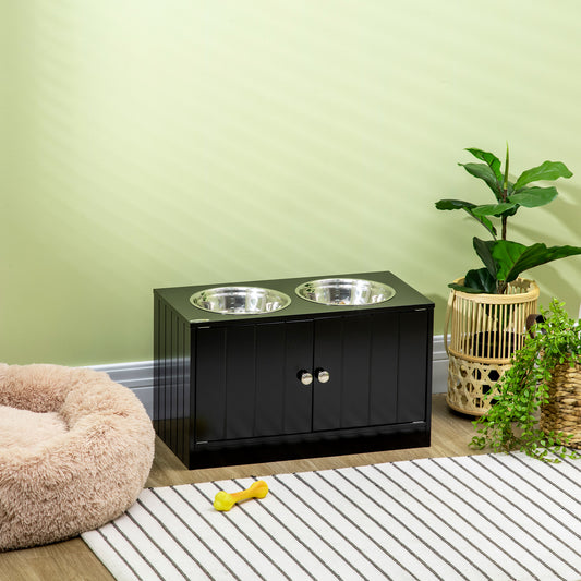 Gamelles surélevées PawHut pour grands chiens, avec support, rangement, 2 gamelles en acier inoxydable, noir, 60 x 30 x 35 cm