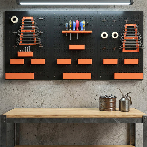 Organisateur mural d’outils avec 3 panneaux, 9 bacs, 5 supports et 16 crochets – Noir et orange