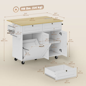 Îlot de cuisine mobile blanc avec comptoir rabattable, prises électriques et rangement