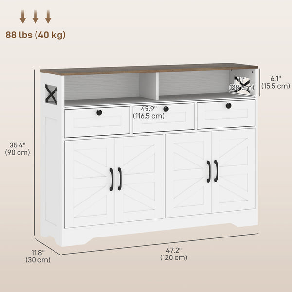 Meuble buffet avec 4 portes, 3 tiroirs avec étagères réglables, blanc