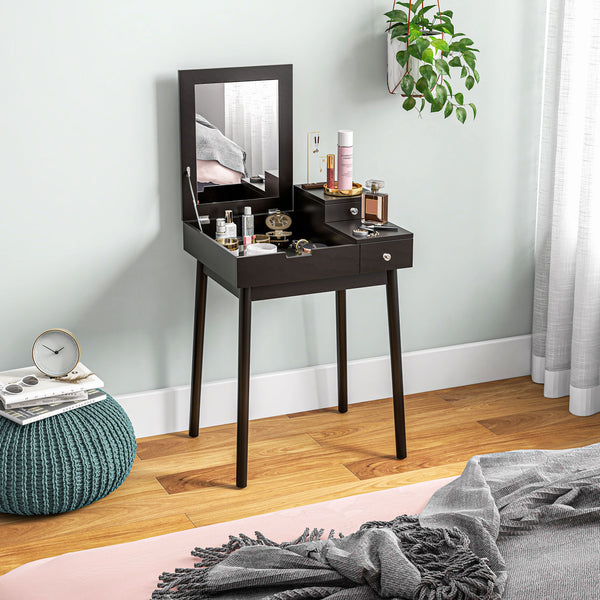 Coiffeuse avec miroir rabattable à 2 tiroirs, noire