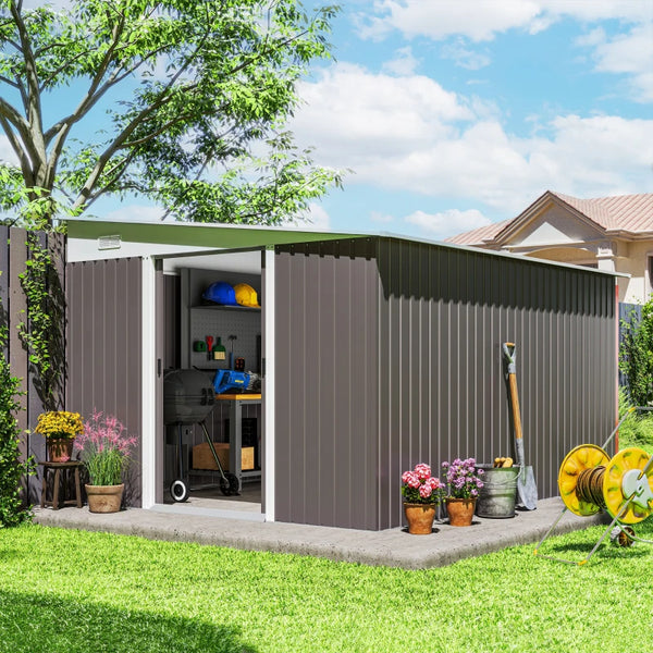 Abri de jardin en acier gris avec double porte coulissante et 2 aérations